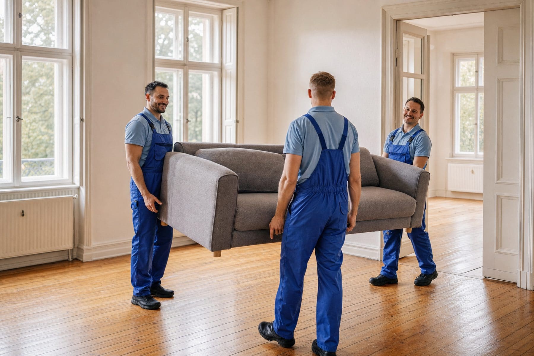 Umzugshelfer von Flink & Fleißig tragen ein Sofa in eine helle Wohnung