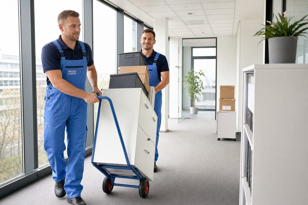 Zwei Umzugshelfer transportieren Büromöbel auf einer Sackkarre