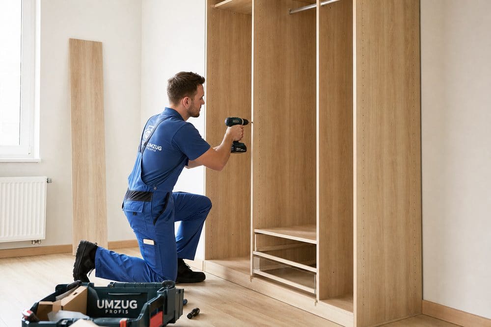 Umzugshelfer montiert einen Schrank mit dem Akkuschrauber